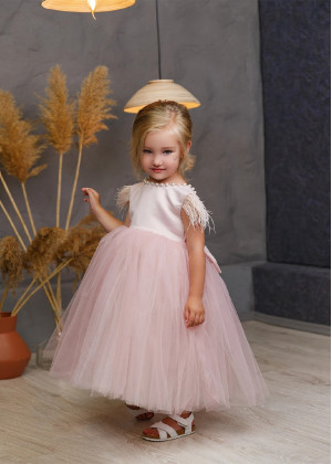 Feather Sleeve Blush Satin Tulle V Back Flower Girl Dress